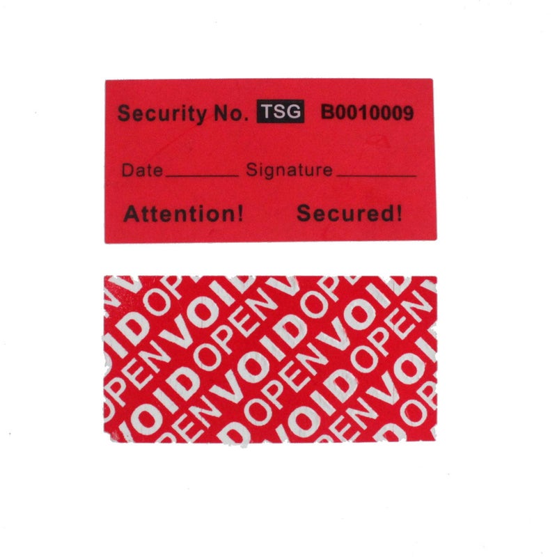 TamperSeals Group - 100pcs 100% Total Transfer Tamper Proof Security Warranty Void Labels/Stickers/Seals (Red, 1 x 2 Inches, Unique Serial Numbers) - Image 1